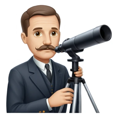 Astronomer Edwin Hubble with mustache, wearing a suit, looking through a telescope with stars in the background sticker