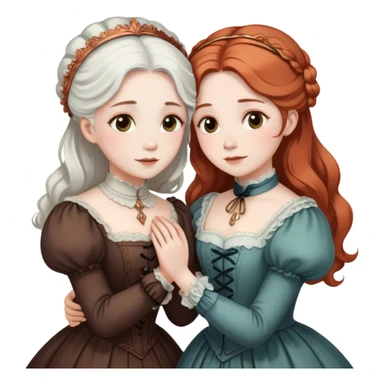 Two modest Victorian women hugging, one with white hair and one with copper hair, wearing Victorian era dresses sticker