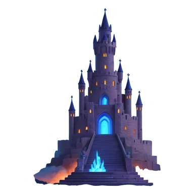 photorealistic 3D gothic stone tower wide base spiraling upward surrounded by detailed citadel spiral ramps tower touching nebula-filled night sky lit by glowing blue torches moonlight spiritual arcane atmosphere emoji icon sticker