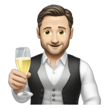 tim robinson dark black slicked back hair white shirt with a light grey vest spraying champagne sticker