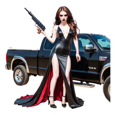 Lilith symbol red eye seductress evil long brown haired sexy succubus woman with leather long dress with slit, sitting in Big Large F350 pickup truck. Black Platform high heels on feet. Back of truck full of stacks of cash, and a man human skull with a gun in other hand sticker