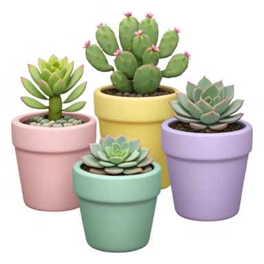 A pastel pink ceramic pot with a sedum succulent, a pastel green ceramic pot with a graptopetalum succulent, a pastel yellow ceramic pot with an echeveria succulent, and a pastel purple ceramic pot with a flowering cactus. All are cylindrical and placed separately on the floor. sticker