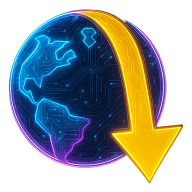 Transform the JDownloader logo into a cyberpunk, holographic style with glowing neon blue and pink edges and circuit patterns throughout the entire icon. Maintain the recognizable globe and yellow arrow, keeping the yellow color prominent, while overlaying neon and circuit effects in a futuristic, clean cyberpunk style with consistent glow and intricate circuit details. The background should be transparent. sticker