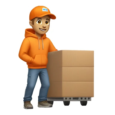 Delivery boy, full body, light skin tone, wearing orange cap and orange hoodie, kex delivery company uniform loading a package ,background security pos sticker