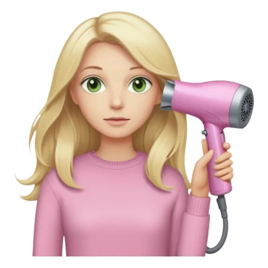 blonde with long hair and pale green eyes in a beige sweater holding a pink Dyson hair dryer, iOS emoji style sticker