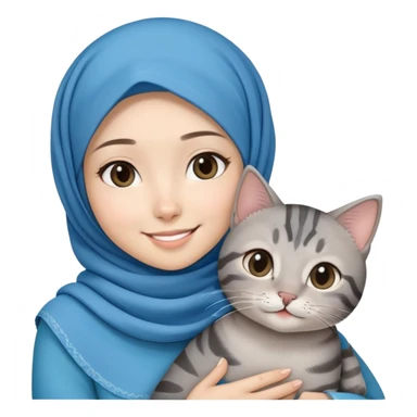 Asian white girl wearing cute blue hijab holding a black grey tabby cat while smiling sticker