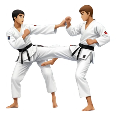 Two taekwondo fighters in traditional white doboks with black belts compete in a dynamic match. One delivers a high kick, while the other blocks using their knee. The background features a professional arena with bright lights and spectators. Transparent background. sticker