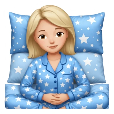 {
      "type": "human",
      "look": "woman in star-print pyjamas, soft blue set, sleepy smile",
      "description": "a woman in soft blue star-print pyjamas smiling sleepily"
    } sticker