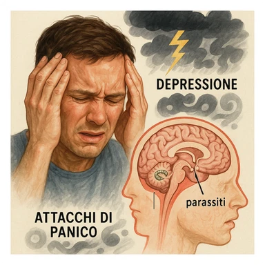 realistic medical illustration of a person with a distressed expression holding their head, with a stylized cross-section of the brain showing parasites, visual elements suggesting depression and panic attacks such as dark clouds, lightning, or abstract shapes, Italian labels, educational and respectful, no explicit details sticker