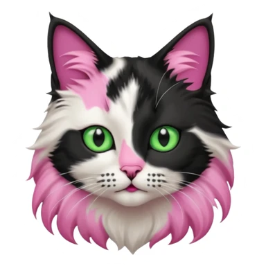 black and white long hair cat. green eyes. black nose and pink lips. black splotch in the shape of a star near nose (on the right side) sticker