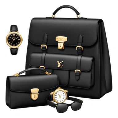 bag and watch, and glasses 1 specfic, all BLACK AND WHITE put together like a bundle with no face, all luxury items like lv and prada, and rolex sticker