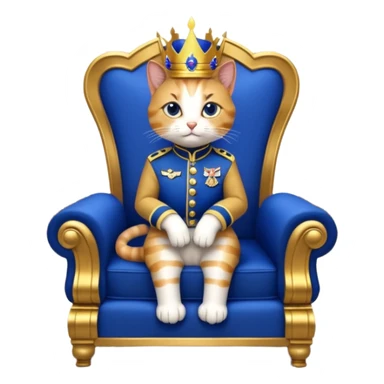 "A regal anthropomorphic cat, dressed in a royal blue and gold military uniform, sitting on a lavish marble throne in a grand, dimly lit palace hall. Cinematic lighting, highly detailed, dramatic, 10 seconds, ultra-realistic."
​ sticker