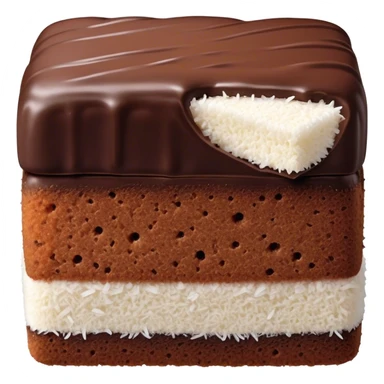 Lamington Cinematic Realistic Lamington Dessert Emoji, depicted as a sponge cake square coated in chocolate and dusted with coconut on all sides, rendered with lifelike textures and vibrant, tropical lighting. sticker