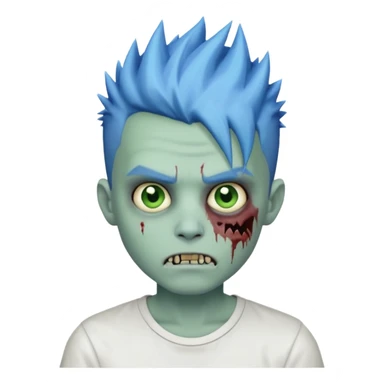 zombie boy with blue-tinted spiky hair, white shirt, pale green skin, emoji style sticker