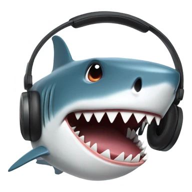 A shark wearing headphones and has poop on his head and has its mouth out and no teeth sticker