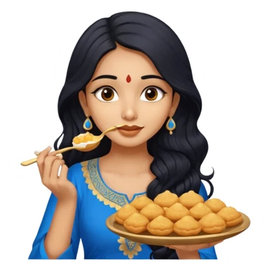 a pretty tan indian bratz girl with wavy long BLACK hair. eyeliner on, wearing a blue kurti, eating golgappa. NO SPOON sticker