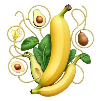 Golden banana, avocado, potatoes and spinach floating around a glowing nervous system and heart. Electrical waves connect these potassium-rich foods to nerves, heart and muscles, showing how potassium supports electrical stability and fluid movement in the body. sticker