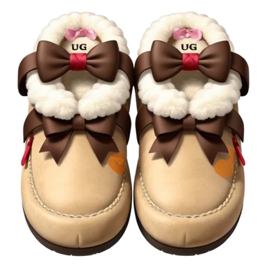 Beige fluffy ugg slippers with a dark brown bow sticker