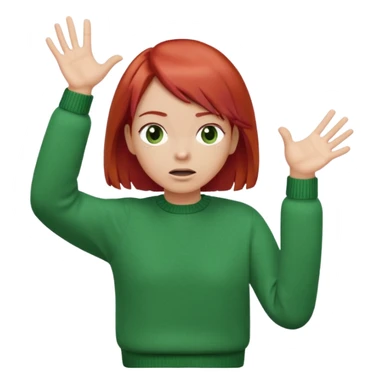 🤷🏻‍♀️ - сгенерируй такое емодзи, тольо должны быть рыжие волосы (каре) и зеленая кофта, разводит руками (типа не знаю) sticker