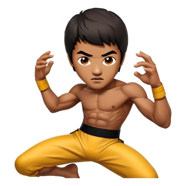Cinematic Realistic Bruce Lee Portrait Emoji, depicted as a dynamic martial arts icon with an intense gaze and athletic physique caught in a fluid motion, rendered with vivid textures and energetic lighting that embodies his legendary prowess. sticker