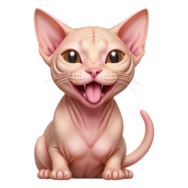 Cinematic Cute Yawning Sphynx Cat Portrait Emoji, Head tilted slightly with a dramatic, wide-open yawn, delicate, hairless skin in soft peach and pink tones, long, elegant limbs stretching lazily, piercing almond-shaped eyes that are barely open, Simplified yet irresistibly adorable features, highly detailed, glowing with a soft, cozy glow, high shine, relaxed yet expressive, stylized with a touch of whimsy, bright and endearing, soft glowing outline, capturing the essence of a sleepy yet affectionate kitty, so drowsy it feels like it could stretch right out of the screen and curl up for a nap! sticker