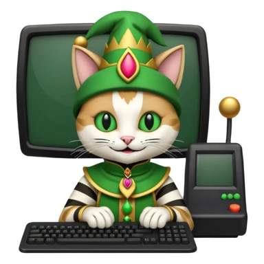 mac os icon code computer retro terminal, black, green white, fantasy court jester cat draw as ASCII code inside the terminal sticker