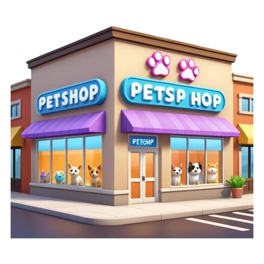 Modern building of a pet shop with a big glowing sign that says PETSHOP on the front. Colorful storefront, large windows showing pet products inside, cute animal illustrations on the walls, warm and friendly atmosphere, daytime, high-quality detailed render sticker