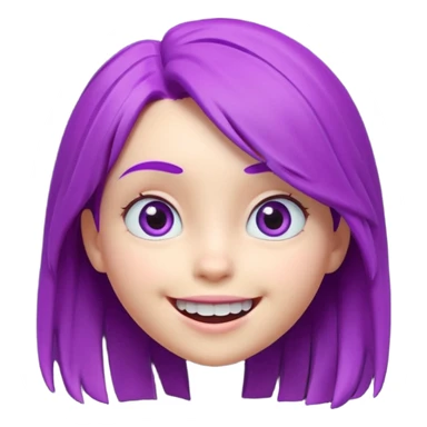 A cute 3D animated emoji character of a young girl face with vibrant purple hair. She has big expressive eyes and a wide happy smile showing teeth. The style is like a Pixar or Disney movie character, soft textures, high quality CGI render, isometric view, on a solid plain white background. sticker