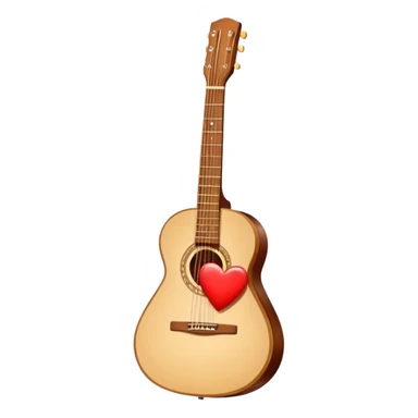 “Flat vector icon of a Cuban tres guitar in three-quarter view, warm brown, thick outline, centered on a warm cream or beige rounded-square (or circle); near the soundboard add a small red or pink heart with a soft glow and 2–3 tiny sparkles to suggest ‘soul’.  sticker