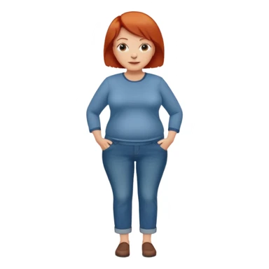 Lazy old Short woman with straight short red hair and fat tummy..wears business casual loose jeans and full sleeve  tshirt. Not smart looking ill fitting clothes sticker