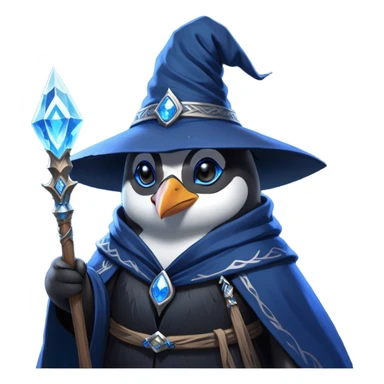 A mysterious penguin mage with sleek midnight-blue feathers, wearing a flowing black robe adorned with silver runes. A tall, pointed wizard hat sits slightly tilted on his head, the brim casting a shadow over his glowing icy-blue eyes. His flipper clutches an ancient wooden staff topped with a swirling crystal, radiating a soft, cold light. Snowflakes drift around him as he stands on a frozen cliff, his aura crackling with arcane energy, ready to summon a blizzard with a flick of his staff. sticker