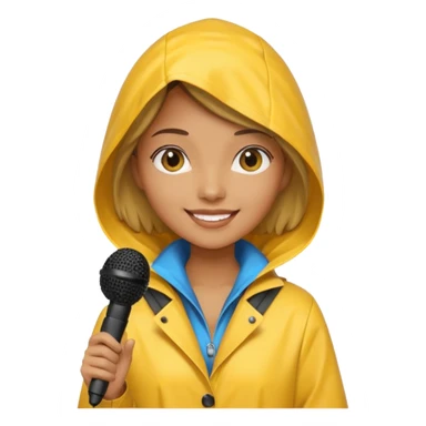 woman with rain coat and microphone sticker