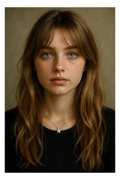 portrait of a girl with blue eyes, dirty blonde long hair with curtain bangs, wearing a small silver star necklace, soft lighting sticker