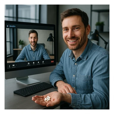 Man in his mid-30s at desk, Zoom call on screen, smiling for camera, hidden hand holding caffeine pills, screen reflection shows tired, collapsed posture, virtual avatar upright, hyperrealistic 4K, modern office sticker