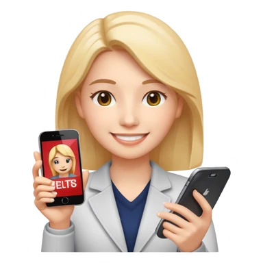 3D emoji style sticker, confident young woman, white background, smiling, holding a smartphone with IELTS result screen showing Overall 8.0, acceptance letter from a European university visible, calm confident energy, soft lighting, minimalistic, clean astrology emoji style sticker