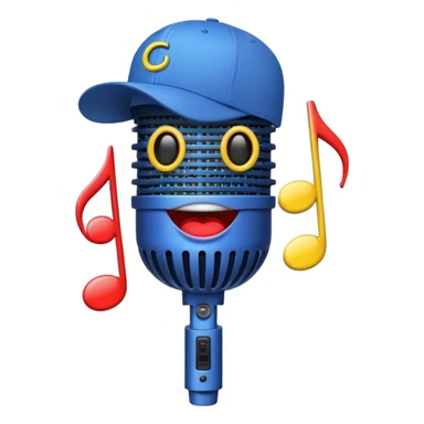 Create a bold and playful emoji that represents beatboxing. The design should feature a microphone with a cap placed on top, with large lips peeking out from under the cap. From the lips, bass clef symbols are bursting outward, symbolizing the vocal percussion and rhythm of beatboxing. Add soundwaves or beat patterns to reflect the energetic and creative nature of the art form. Use vibrant, bold colors like neon blue, red, and yellow to convey the street culture and intensity of beatboxing. The background should be transparent. sticker