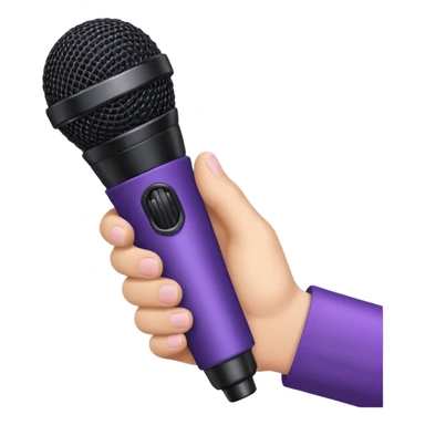 hand holding black stage microphone with purple strip on bottom sticker