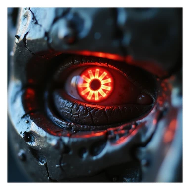 close-up of glowing red eye with metallic details, realistic style, Terminator sticker