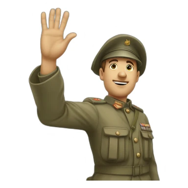 A man in a soldier suit from world war one raising their right hand vertically to around 45 degrees in the air. His arm is stretched out, not bent at all. and his face is shown sticker