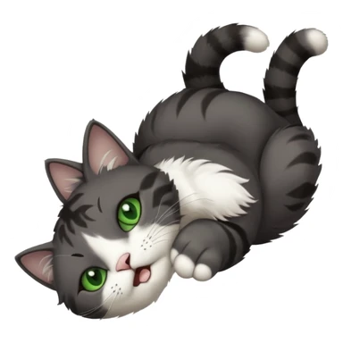 dark grey cat with green eyes, white toes/paws and white patch on her chest playfully rolling upside down sticker