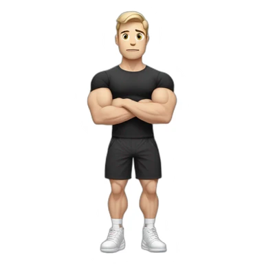 Confused Pale skinned Fit Man With the biceps and dark brown hair in black shirt, gray sports shorts and white Sneakers sticker