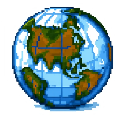 Add more 3D depth and shading to this pixel art globe icon, enhance highlights and shadows, keep background transparent, maintain pixel art style with enhanced 3D effect and lighting. sticker