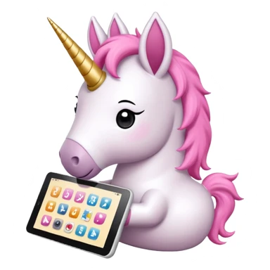 Emoji WhatsApp di un unicorno di peluche bianco con corno rosa, cuffie nere e e-reader. Stile vettoriale pulito, forme arrotondate, colori morbidi, espressione dolce, sfondo trasparente. sticker
