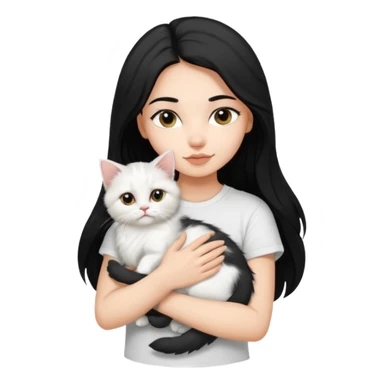 a girl with long dark black hair, in a white t-shirt, hugs a persian kitten 3 months old black and white one cat. emoji | AI Emoji Generator sticker
