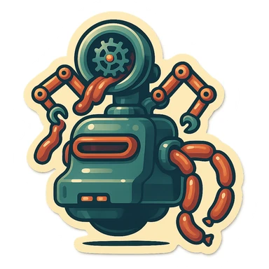 sausage-processing droid. retro-futuristic style. top is a large circular industrial grinder rotating gears and blades. Two robotic arms feed material into grinder. Sausage links extrude from the rear like  factory. The body is metallic, compact, and floats above the ground.no legs. Dark humor sticker