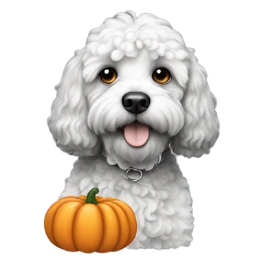black and white doodle cockapoo with a pumpkin sticker