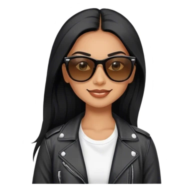 beautiful fit woman, with long straight black hair, with make up, black eye liner, smile mooth close, mexican, brown skin, wearing white tee, wearing leather black jacket, solar black wayfarer rayban sticker