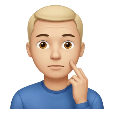 A clean-shaven man in casual clothing thinking critically, touching his chin with one hand, eyebrows slightly furrowed, focused and analytical expression. Neutral background, soft lighting, realistic emoji style. sticker