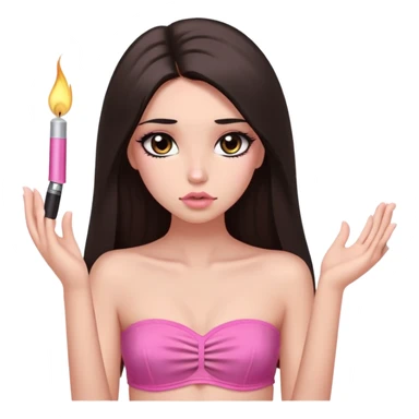 girl with lighter skin, dark brown long straight hair falling in front of her body, pouty shiny lips without cupid's bow, shiny large eyes with long eyelashes, lighter button nose, very long oval-shaped face, wearing a pink bandeau top with straight neckline, looking directly at camera with hands down at sides sticker