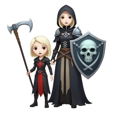Necromancer girl with scythe and shield, in front of a dead mage sticker
